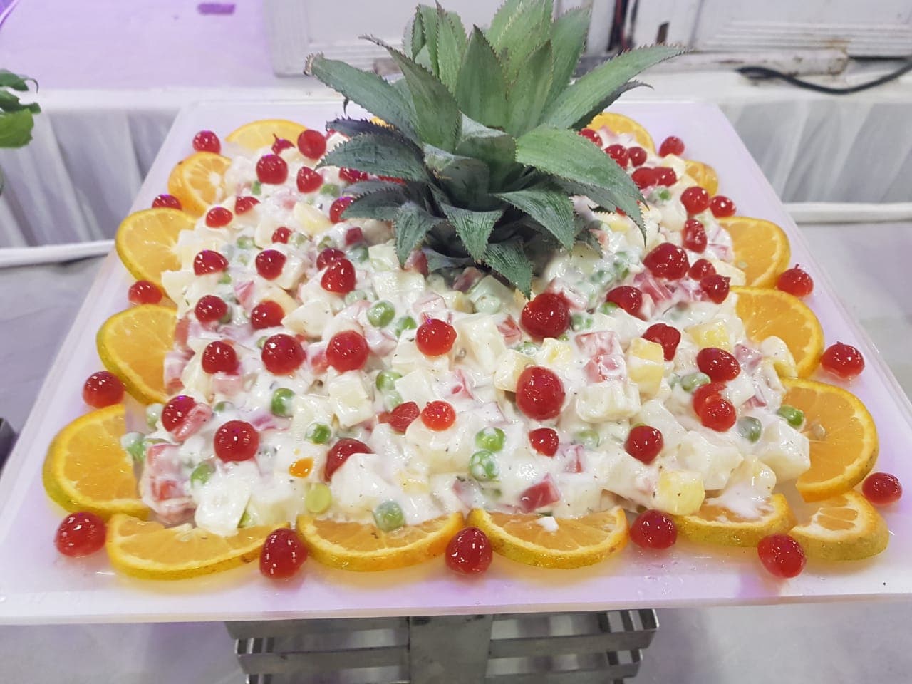 A catering display with various dishes.
