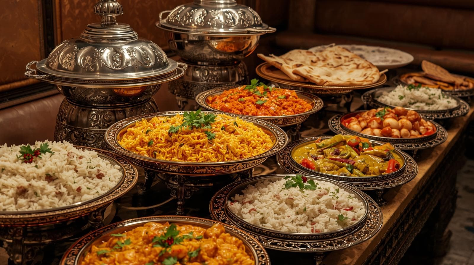 A lavish Indian food buffet setup for a celebration.